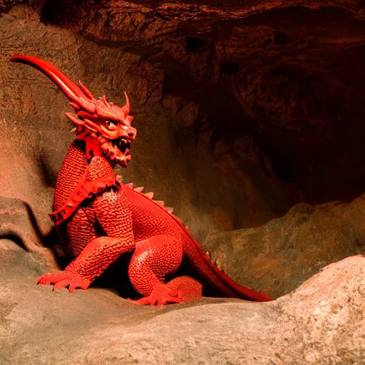 Image similar to photo of an ancient red dragon sitting menacingly in a cave