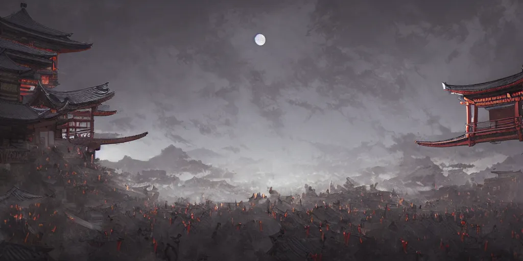 Image similar to A cat ninja jumping off Torii, holding a tachi refeclting moonlight, several dog samurais in distance running toward camera, Ghost of Tsushima, hyperdetailed, cinematographic, dynamic scene, wide angle camera, trending on Artstation, unreal engine, by Marc Simonetti