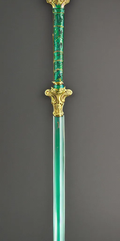 Image similar to photograph of a wide green and teal crystal sword blade attached to a big gold sword hilt