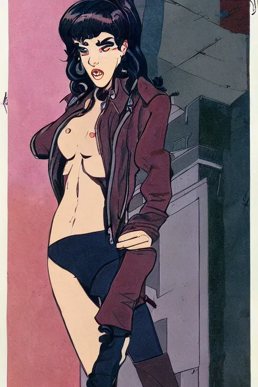 Image similar to portrait of an attractive young female protagonist, center focus, wearing leather jacket, in city street, detailed face, artwork by ralph bakshi