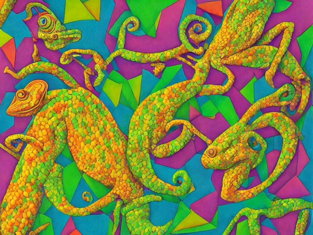 Image similar to chameleon, high detail, highly abstract, vivid colors, a little bit touch of M. C. Escher