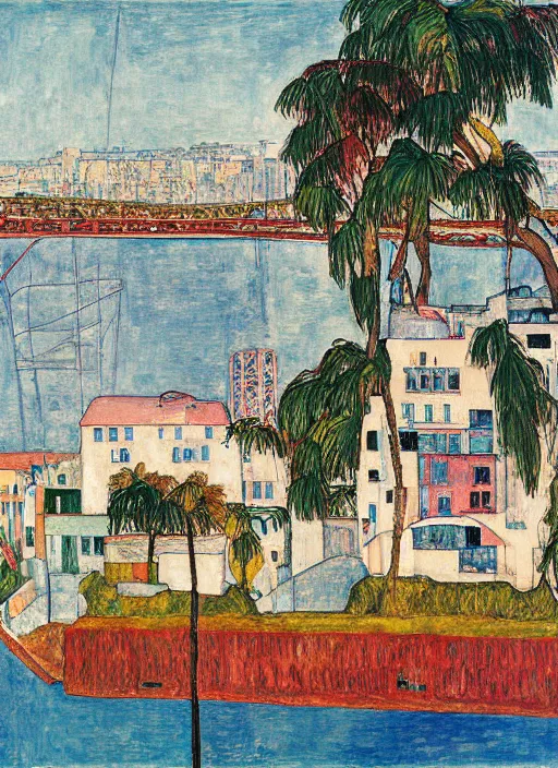 Image similar to bayonne bridge on local river, 3 boat in river, 2 number house near a lot of palm trees and bougainvillea, hot with shining sun, painting by egon schiele