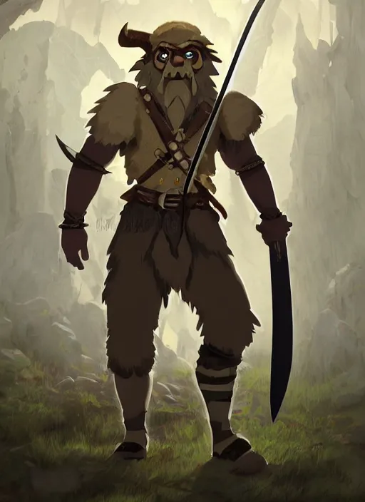 Image similar to strong young man, photorealistic bugbear ranger holding aflaming sword, black beard, dungeons and dragons, pathfinder, roleplaying game art, hunters gear, jeweled ornate leather and steel armour, concept art, character design on white background, by studio ghibli, makoto shinkai, kim jung giu, poster art, game art