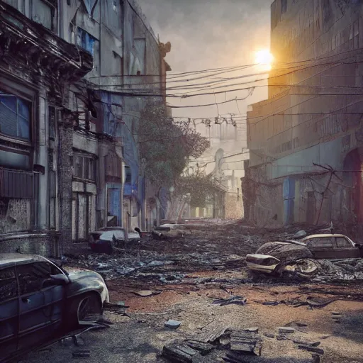 Image similar to an abandoned, decrepit city, dslr, 8 k, octane beautifully detailed render, cold lighting, cinematic lighting, detailed photo, masterpiece, volumetric lighting, ultra realistic, highly detailed, high quality, lossless, photorealistic