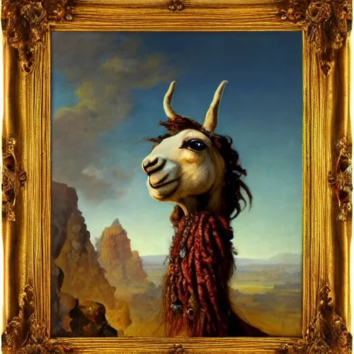 Image similar to detailed baroque portrait of a llama with dreadlocks, realistic creature concept, heroic pose, desert mountain in background, Ilya Repin oil painting, style of Brian Jacques