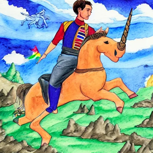 Prompt: wesley crusher riding a unicorn into battle watercolour