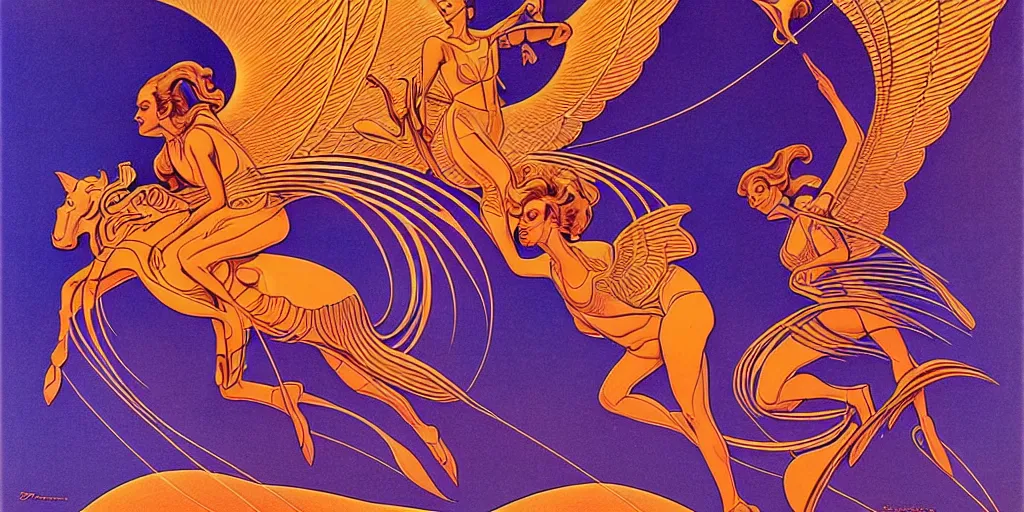 Image similar to ♈ ☀️ 👩🏽‍🦱✨👼🏽; retro vintage art, symmetrical,2d matte illustration, Stanisław Szukalski + Moebius,