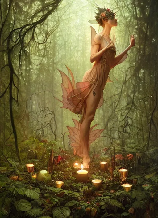 Image similar to a hyper realistic floating fairy shrine, candles, in the woods, gorgeous lighting, lush forest foliage, explosions painting by chiara bautista and tom bagshaw, mucha, beksinski and norman rockwell and greg rutkowski weta studio, and lucasfilm