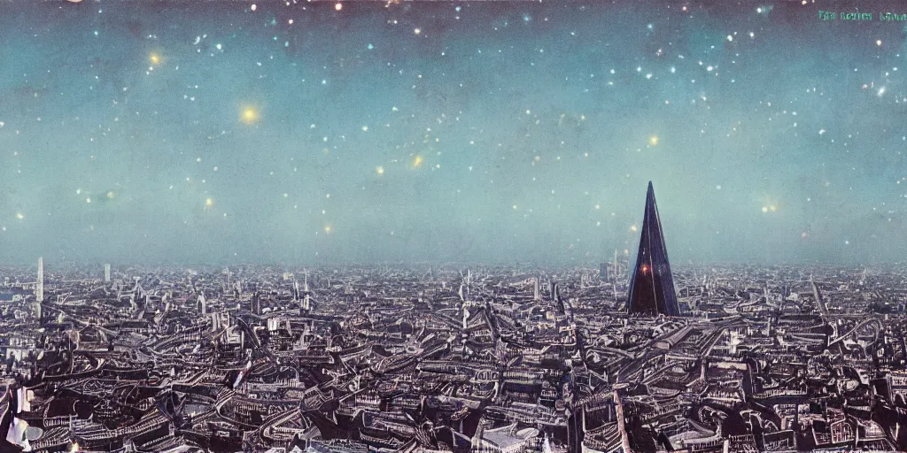 Image similar to vintage color photo of cosmic London broken physics skyrise vista, microscopy, singularity, f22, ISO 100