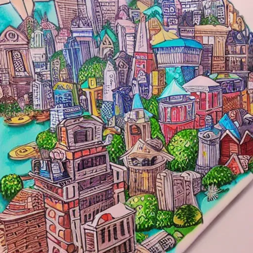 Prompt: A little city located entirely on a sheet of paper. Trending on art station, colorful, magical.