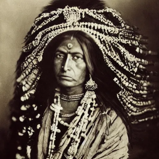 Image similar to vintage photo of an indian queen by edward s curtis, photo journalism, photography, cinematic, national geographic photoshoot