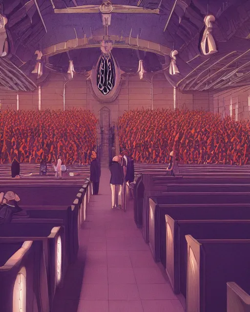 Image similar to moebius and ghibli digital matte art of a crowd in a futuristic church, priest, pews, ethereal, inviting, bright, unreal engine, hyper realism, realistic shading, cinematic composition, realistic render, octane render, detailed textures, photorealistic, wide shot