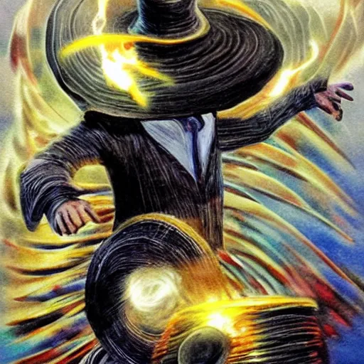 Prompt: a hat elemental, whirling energy made of hats ( dramatic, cinematic, by simon bisley )