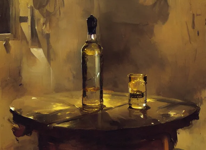 Image similar to impasto oil painting of whiskey bottle, art by anders zorn, wonderful masterpiece by greg rutkowski, beautiful cinematic light, american romanticism by greg manchess, creation by tyler edlin