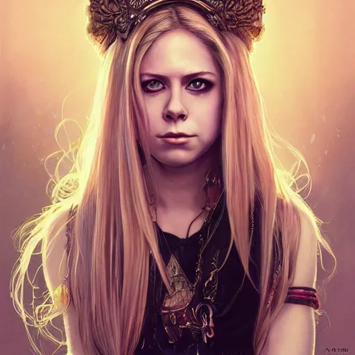 Image similar to portrait of Avril Lavigne, looking at camera, D&D, intricate, elegant, stylish, serious expression, fantasy, extremely detailed, digital painting, artstation, concept art, smooth, sharp focus, illustration, stunning lighting, art by artgerm and greg rutkowski and alphonse mucha and simon stalenhag.