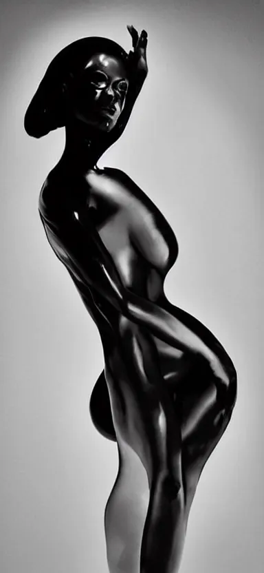 Prompt: perfect female body silhouette, liquid sculpture, astral clockwork, abstract shapes, photorealism, beautiful portrait, white and black latex mixture, black ink, body acts photography, abstract art, concept art, matte painting, elegant