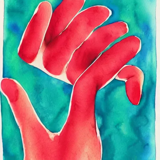 Prompt: watercolor painting of a human hand reaching upward