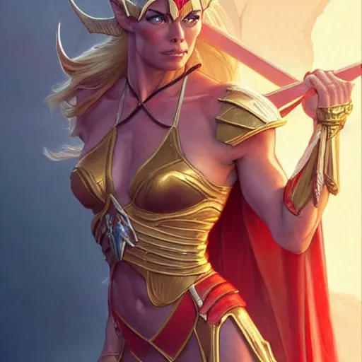 Prompt: Jaime Pressly as She-Ra, western, D&D, fantasy, intricate, elegant, highly detailed, digital painting, artstation, concept art, matte, sharp focus, illustration, art by Artgerm and Greg Rutkowski and Alphonse Mucha