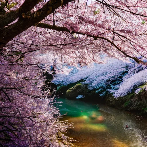 Image similar to a majestic cinematic realistic photoshoot of a beautiful forest with waterfalls, beautiful blue sky's, and birds, with a giant cherry blossom tree in the center, 4 k, coherent, incredibly detailed