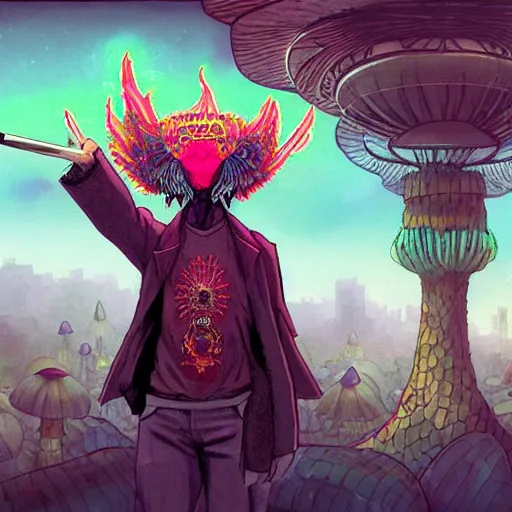 Image similar to 8K headshot Portrait of centered chest up of a psychedelic godlike mothman with giant mandala wings smoking a hand-rolled cigarette smoking heavily , magic mushroom village in background , post-processing , award winning. superb resolution. in the art style of Satoshi Kon and Greg Rutkowski . Detailed Mushroom city in background. Hyper realistic anime. Perfect art. Dalle2