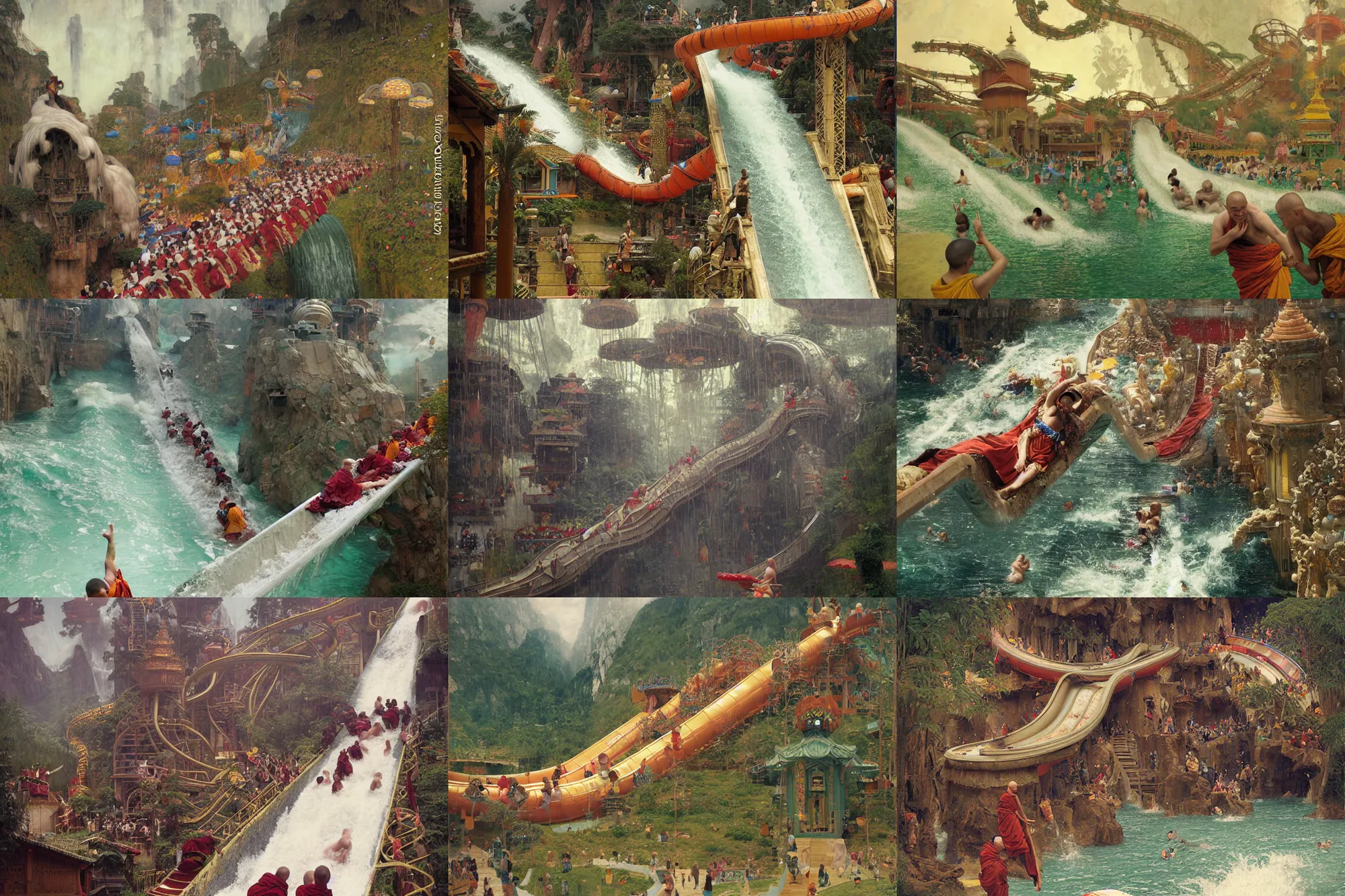 Prompt: laughing!!!!!!!!!!!!!!!!!!! and buddhist monks sliding down a huge theme park waterslide at edge of the world by waterhouse, craig mullins, ruan jia, gustave klimt