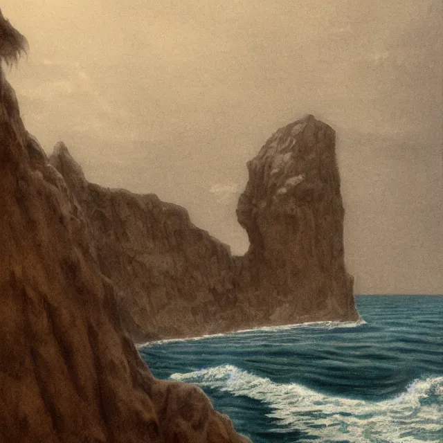 Prompt: photorealistic sepia painting of a 1 9 2 0 s fishing boat sailing in front of a tropical island cliff with the mouth of a grotto at the waterline, dark, brooding, atmospheric, lovecraft, by dave dorman