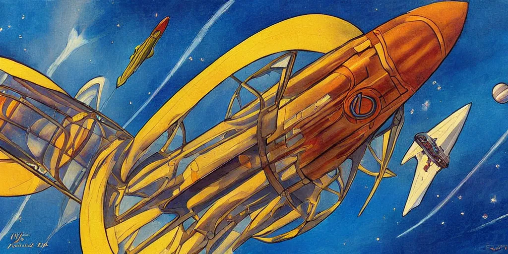 Prompt: Art Nouveau painting of a starship flying in space by