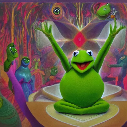 Image similar to kermit the frog as a holy sacred god enlightened on acid in the labyrinth woods as a masterpiece painting by john chamberlain and judy chicago, trending on art station