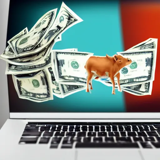 Prompt: tiny bull running across a laptop screen, cash coming out of the back of the laptop, money, dollar bills, celebration, laptop stock charts, high detail, ultra realistic, 8 k