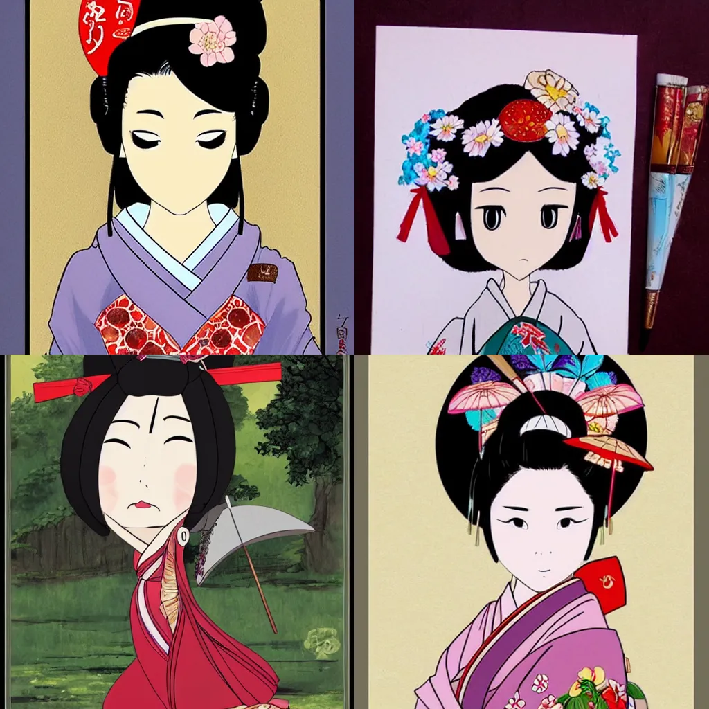 Prompt: a beautiful geisha in the style of studio ghibli