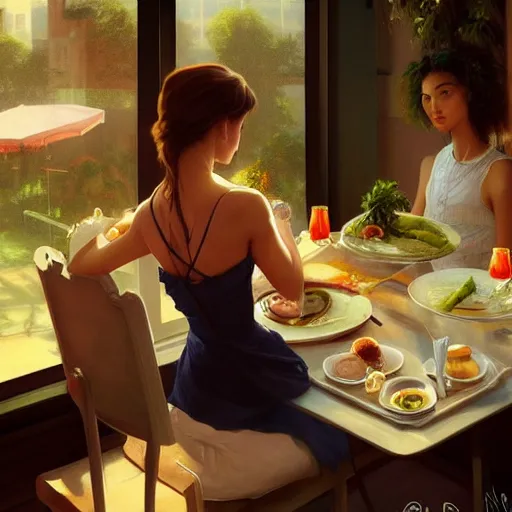 Image similar to a dinner date with the girl next door, slice of life, modern, realistic,!! looking at the camera!!, solo, first person pov, elegant, highly detailed, digital painting, artstation, concept art, matte, sharp focus, illustration, art by artgerm and greg rutkowski and alphonse mucha