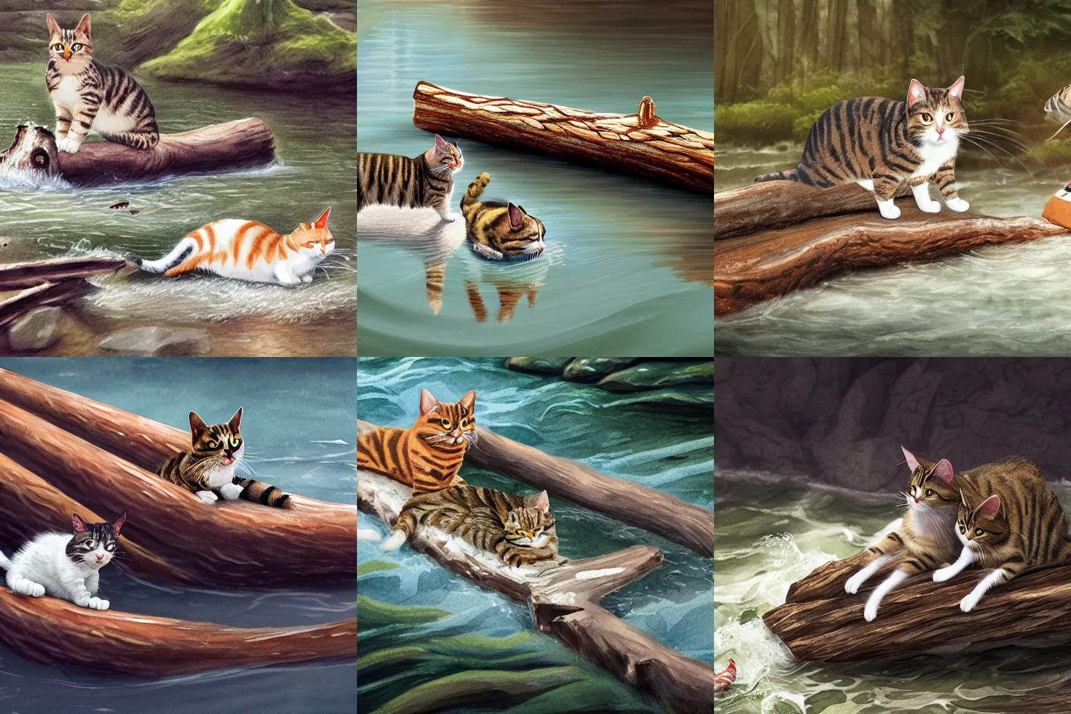 Prompt: a scared tabby and white cat is clinging to a log floating down a river, fish leap over log strong imagery, highly detailed, illustration, highly detailed water colour 8 k, cinematic lighting, hd, high detail, atmospheric, trending on artstation