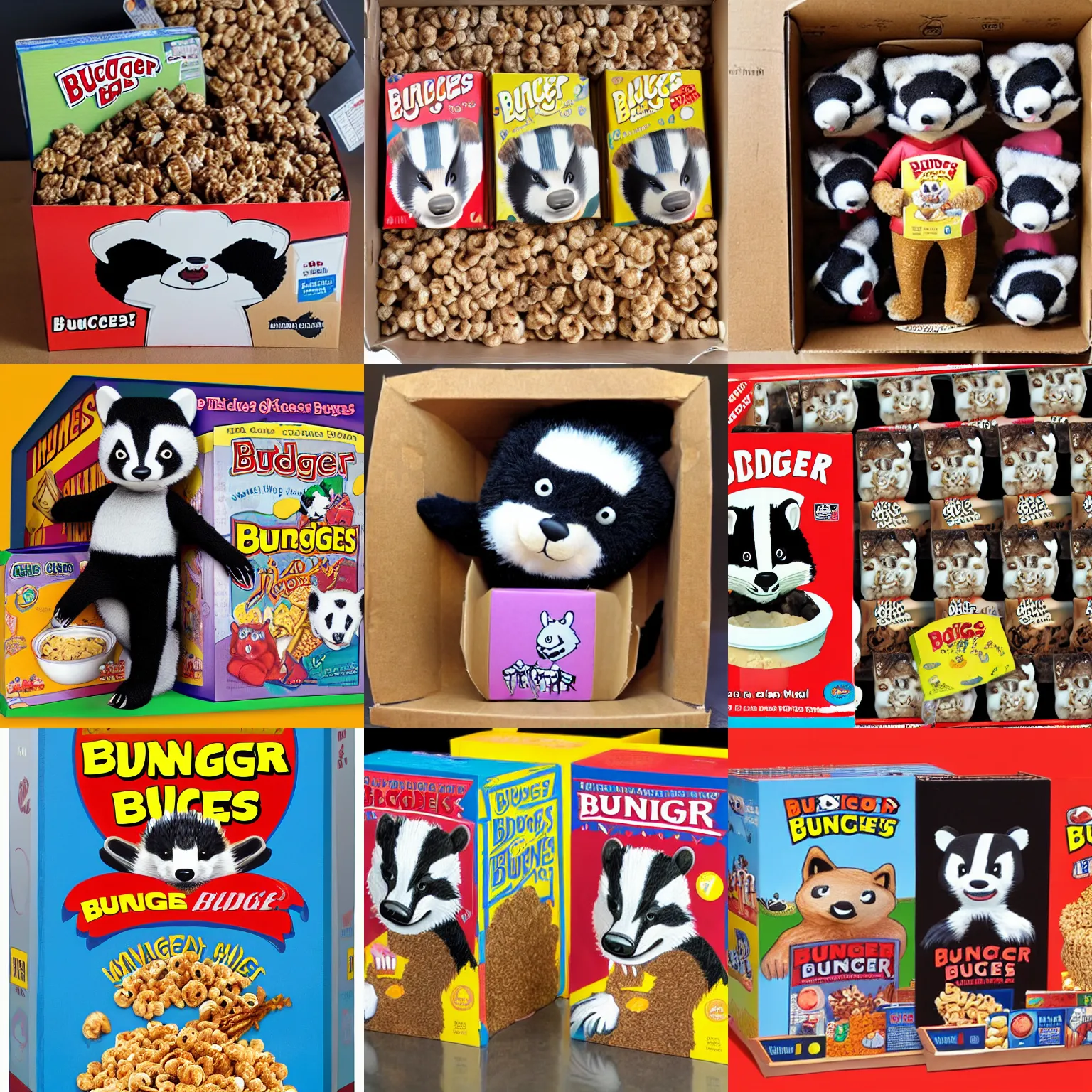 Prompt: a box of badger bunches cereal, featuring the mascot bruce the badger, cereal box, cereal mascot, furry badger, furry art