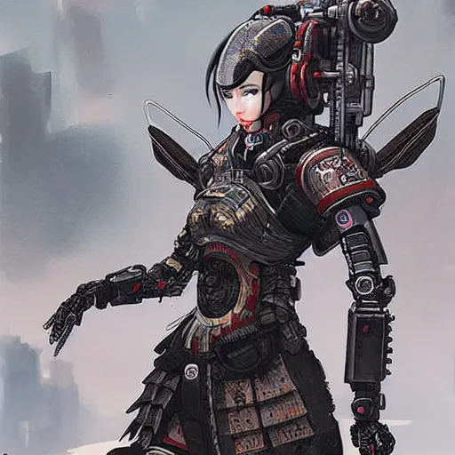 Image similar to female samurai cyborg, mech, cyberpunk, intricate details, highly detailed, concept art. Art by Nivanh Chanthara