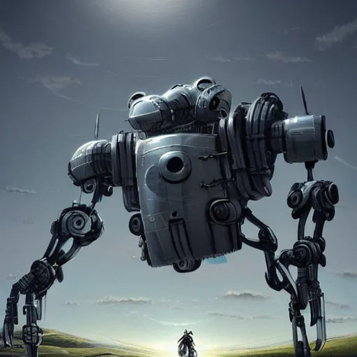 Image similar to A giant stainless steel mech robot in a field, beautiful, cool dynamic lighting, atmospheric, cinematic, highly detailed digital art, painted by Scott Musgrove