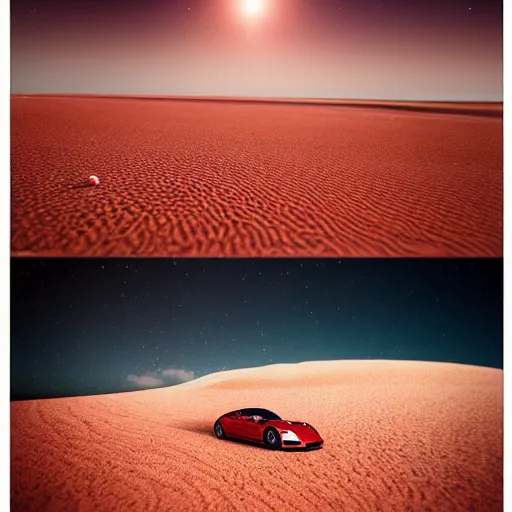 Prompt: porsche nine - eleven, australian beach, red sand, otherworldly science fiction surrealism landscapes. waves. dust. stars. by chris mars.