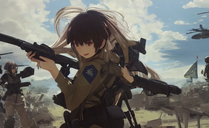 Image similar to panoramic view, girl, soldier clothing, battlefield in background, anime style, hair down, symmetrical facial features, combat googles, from arknights, hyper realistic, 4 k, extreme detail, detailed drawing, trending artstation, safebooru, zerochan, realistic lighting, by alphonse mucha, greg rutkowski, sharp focus