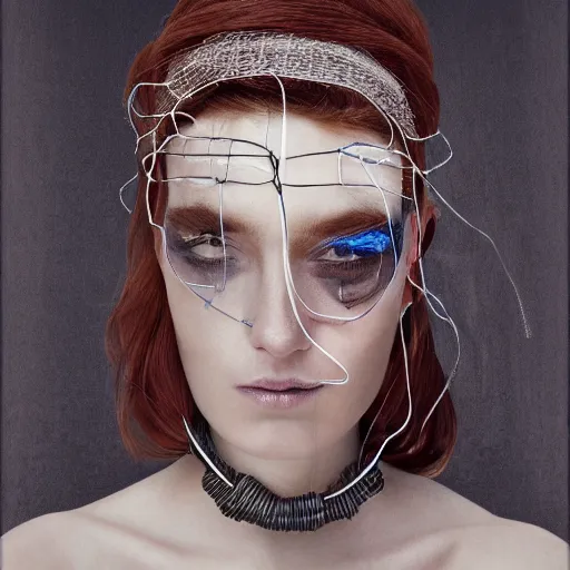 Prompt: a beautiful futuristic portrait with hat made by wires and white gauze twisted around her face, necklace made by wires, design by leonardo davinci, inspired by egon schiele, modern art, baroque art jewelry, new classic, hyper realistic, cinematic composition, cinematic lighting, fashion design, concept art, hdri, 4 k -