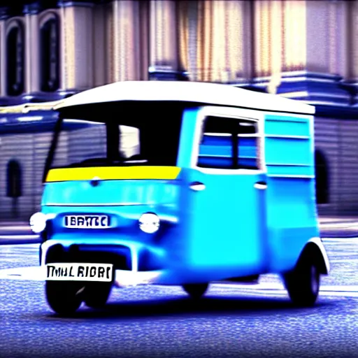 Image similar to super realistic 8 k render of a blue and white tuk tuk, powerful elegant, cinematic composition