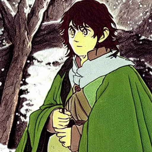 Image similar to peregrin took from the anime lord of the rings (1986), dark hair, green cape, hobbit, studio ghibli, very detailed, realistic