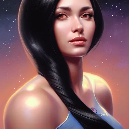 Image similar to a portrait of a very beautiful woman in a spacesuit, Alexandria\'s genesis, shoulder-length black hair, bored, illustration, soft lighting, soft details, painting oil on canvas by mark arian by artgerm, trending on artstation, 4k, 8k, HD