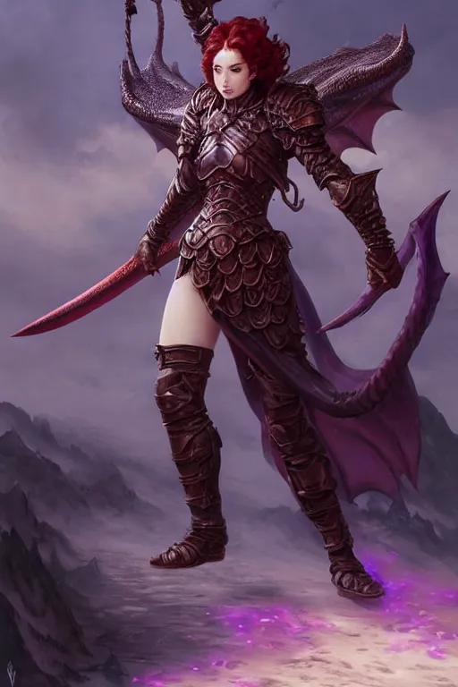 Prompt: Dragonhunter lady, skintight leather armor, dragon-inspired, sword in each hand, draconic wings, Scarlet curly hair, violet eyes, tall, pretty, battle stance, DND, D&D, high Fantasy, matte painting, chromatic, by Stanley Artgerm Lau, frank frazetta, Rossdraws, James Jean, gerald brom, Andrei Riabovitchev, Marc Simonetti, Frank Franzzeta, trending on artstation, artstationHD, artstationHQ, cgsociety, octane, extremely detailed, detailed face, ultra hd, 16k, important: no extra characters, no extra arms