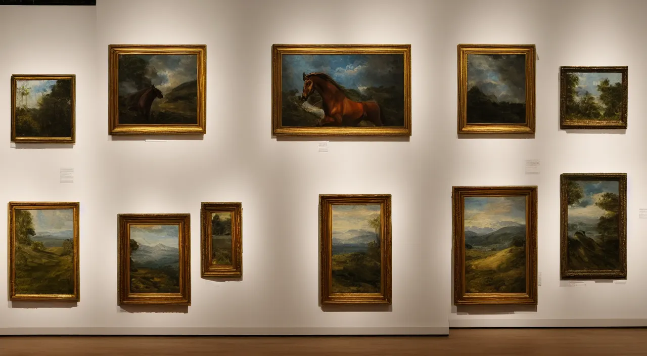 Image similar to in the art gallery, three landscape paintings are displayed side by side, and the middle one is a painting of a horse's head sticking out of the frame.