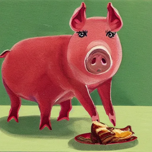 Prompt: a pig eating a rasher of bacon. detailed, realistic,