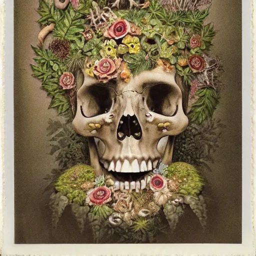 Image similar to a beautiful detailed front view baroque portrait of a rotten woman corpse becoming almost a skull with fractal plants and fractal flowers and mushrooms growing around, intricate, ornate, volumetric light, beautiful lit, polaroid photography