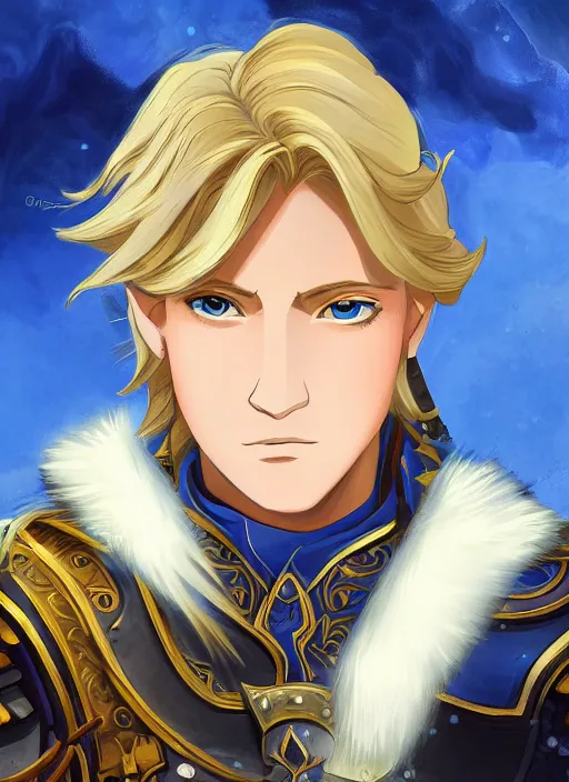 Prompt: portrait of anduin wrynn from wow, studio ghibli epic character with beautiful blue eyes, very beautiful detailed symmetrical face, blonde hair, bright colors, diffuse light, dramatic landscape, fantasy illustration