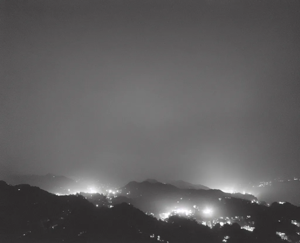 Image similar to 3 5 mm film of explosion in the sky, view from a korean traditional village, camera pans upwards, 4 k, night, fog