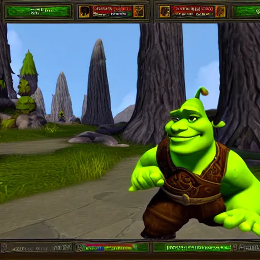 Image similar to shrek in world of warcraft, game graphics, clear, sharp, highly detailed