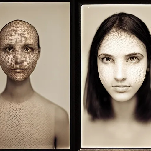 Image similar to portrait of a human with a dignified, symmetrical and beautiful face made out of mesh, taken with medium format mamiya camera 1/8f