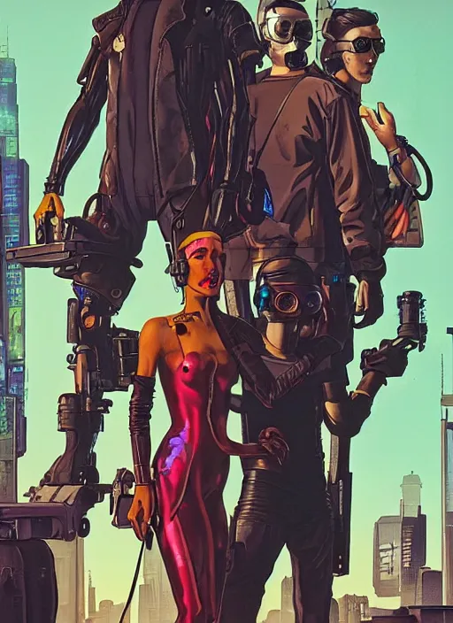 Image similar to cyberpunk heist crew. portrait by stonehouse and mœbius and will eisner and gil elvgren and pixar. character design. realistic proportions. dystopian. cyberpunk 2 0 7 7, apex, blade runner 2 0 4 9 concept art. cel shading. attractive face. thick lines.